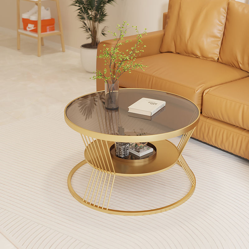 Modern Luxury Round Tempered Glass Iron End Table 2-Tier For Living Room