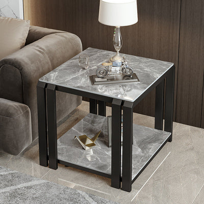 Contemporary Luxury Square Rock Slab Metal Side Table 2-Tier For Living Room