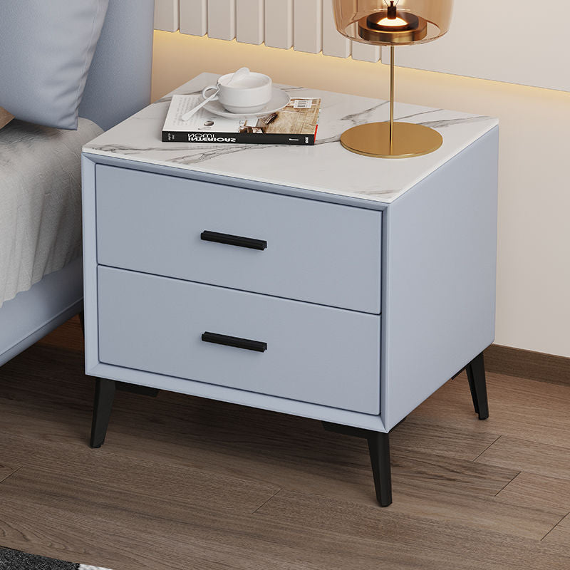 Modern Luxury Square Microfiber Leather Stone Veneer Solid Wood Panel Nightstand 2-Drawer For Bedroom