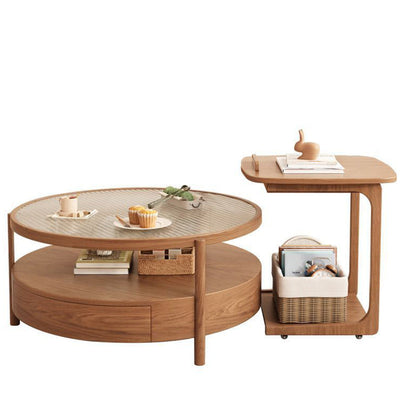 Contemporary Japanese Square Round Glass Wood End Table 2-Tier For Living Room