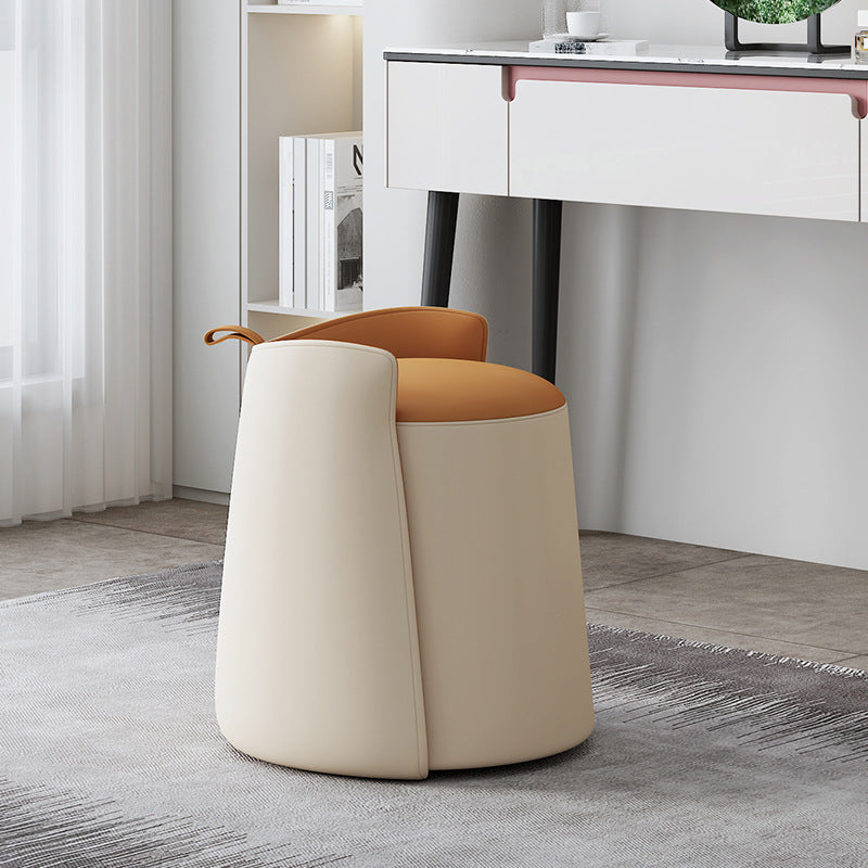 Contemporary Nordic Round Cylinder Leather Wood Vanity Stool Low Backrest For Bedroom