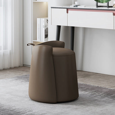 Contemporary Nordic Round Cylinder Leather Wood Vanity Stool Low Backrest For Bedroom