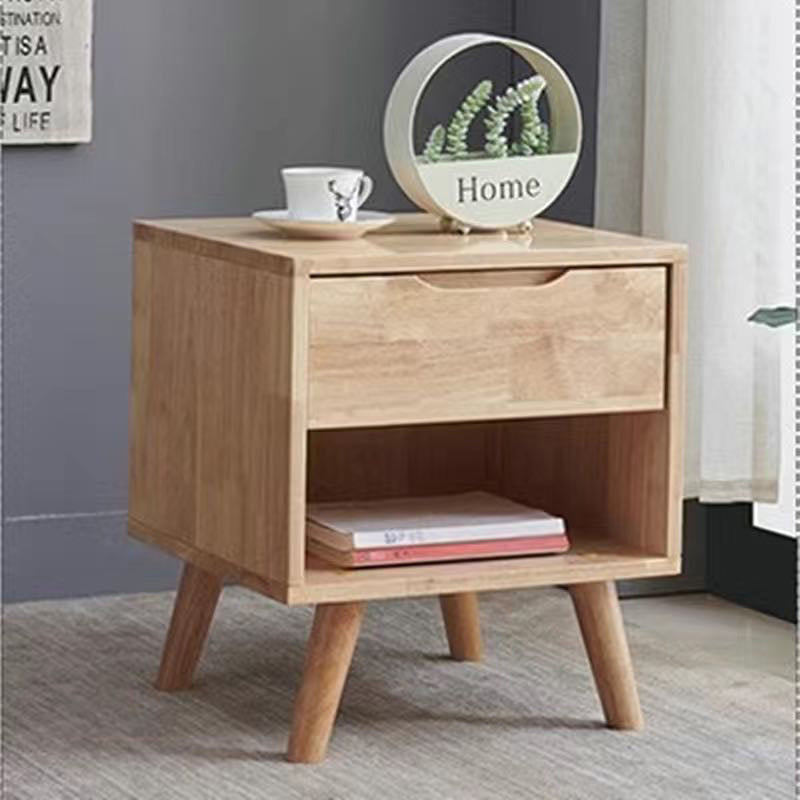 Modern Minimalist Square Rubberwood Solid Wood Nightstand 1/2 Drawer For Bedroom