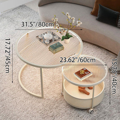 Contemporary Nordic Round Combination Glass Carbon Steel Metal Coffee Table 2-Tier Movable For Living Room