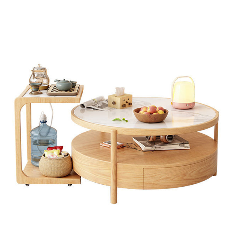 Contemporary Japanese Square Round Glass Wood End Table 2-Tier For Living Room