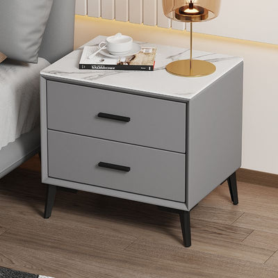 Modern Luxury Square Microfiber Leather Stone Veneer Solid Wood Panel Nightstand 2-Drawer For Bedroom