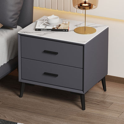 Modern Luxury Square Microfiber Leather Stone Veneer Solid Wood Panel Nightstand 2-Drawer For Bedroom