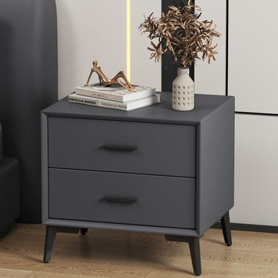 Modern Luxury Square Microfiber Leather Stone Veneer Solid Wood Panel Nightstand 2-Drawer For Bedroom