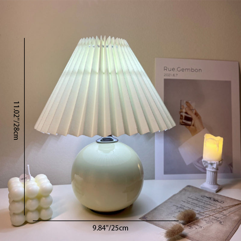 Modern Minimalist Round Fabric Pleated Ceramic LED Table Lamp For Bedroom