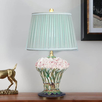 European Idyllic Green Pleated Fabric Ceramic Base 1-Light Table Lamp