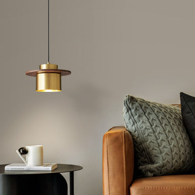 Nordic Light Luxury Cylindrical Walnut Brass 1-Light Pendant Light