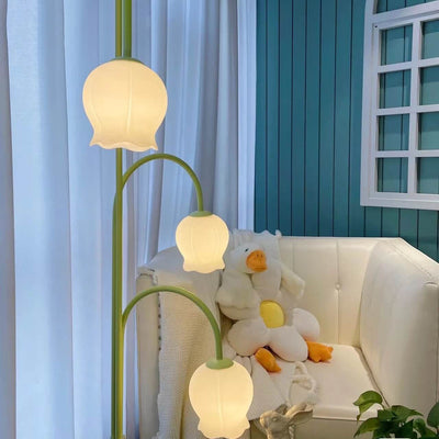 Lampadaire sur pied à 3 lumières, abat-jour en verre orchidée cloche créative et moderne 