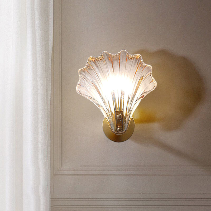 Modern Art Deco Scalloped Shell Amber Glass Shade Brass Frame 1-Light Wall Sconce Lamp For Bedroom