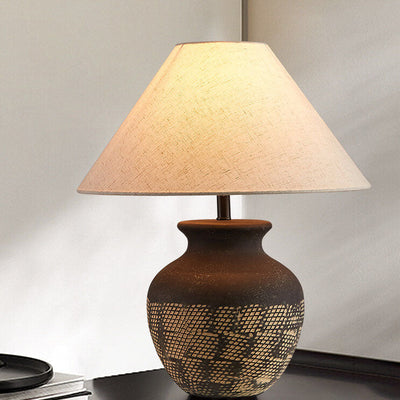 Traditional Japanese Fabric Shade Ceramic Jar Base 1-Light Table Lamp For Study