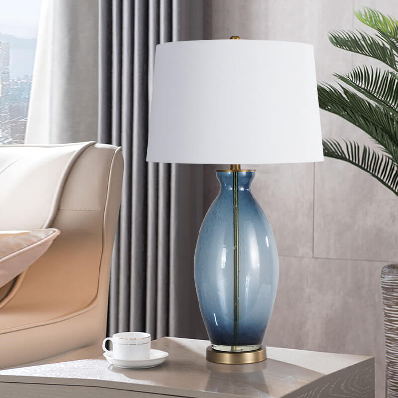 Contemporary Scandinavian Round Vase Base Hardware Glass Fabric 1-Light Table Lamp For Bedroom