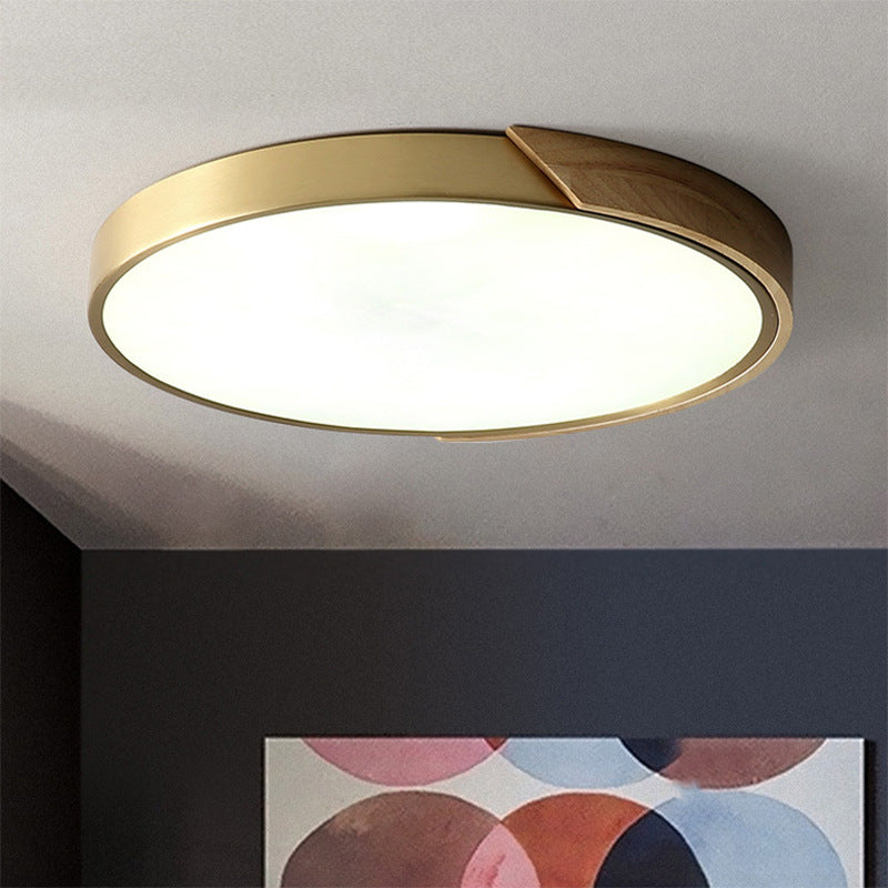 Modern Light Luxury Round All Copper Wood LED Flush Mount Lighting