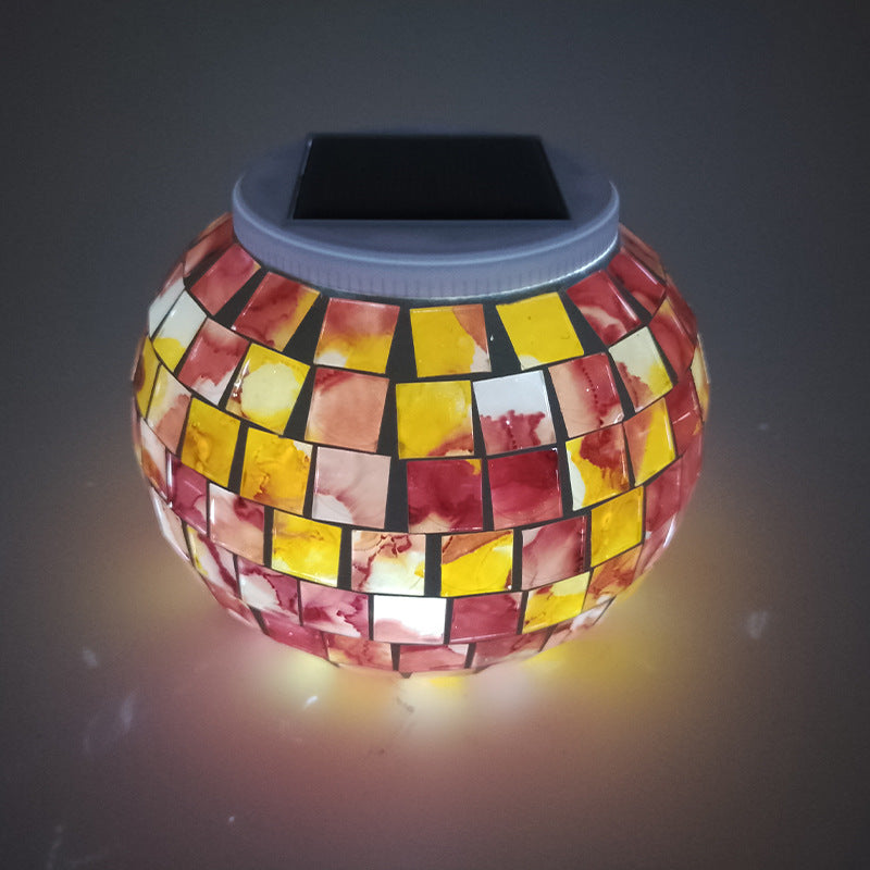 Solar Outdoor Mosaic Glass Round Jar LED Patio Decorative Light