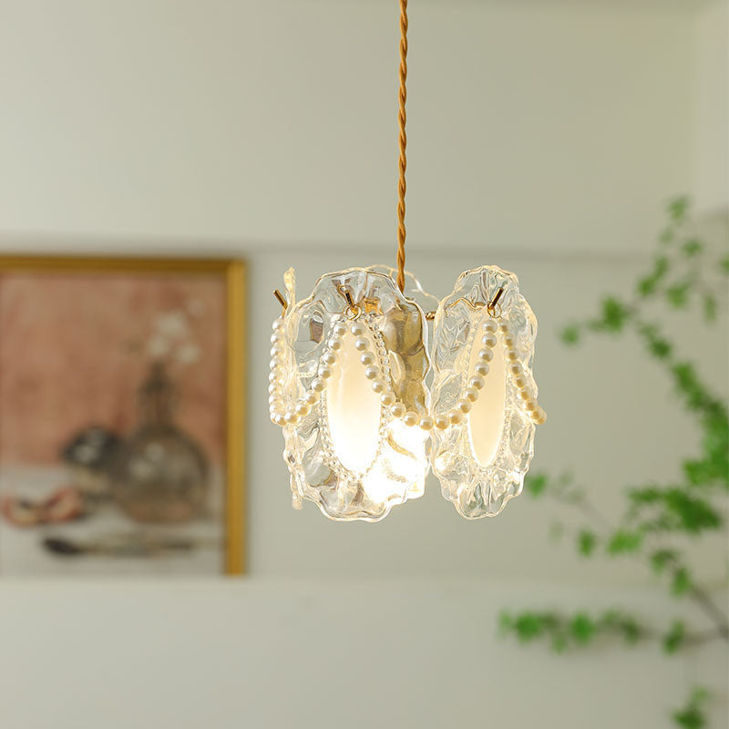 Modern Shabby Chic Pearl Decor Petal Crystal Shade 1-Light Pendant Light For Living Room