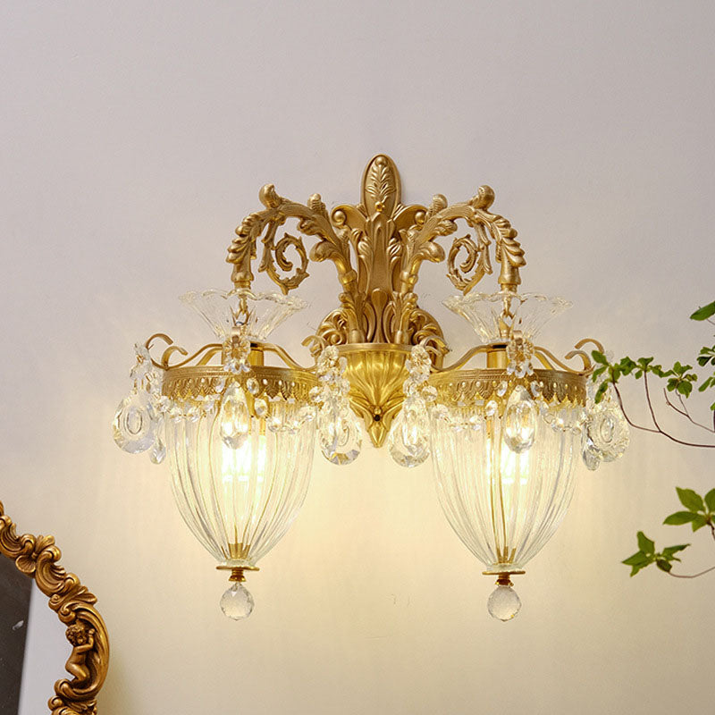 Traditional French Court Lantern Brass Crystal 1/2 Light Wall Sconce Lamp For Living Room