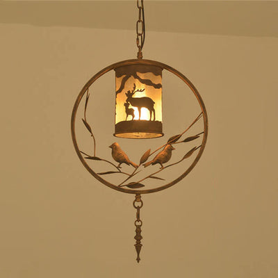 Traditional Vintage Round Trapezoidal Animal Iron 1-Light Pendant Light For Living Room