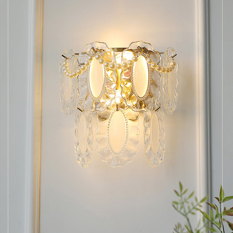 Modern Shabby Chic Pearl Decor Petal Crystal Shade 1-Light Wall Sconce Lamp For Living Room