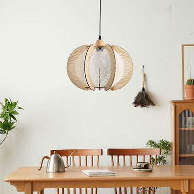 Traditional Japanese Wooden Frame Linen Thread Weaving Cage Shape 1-Light Pendant Light For Living Room