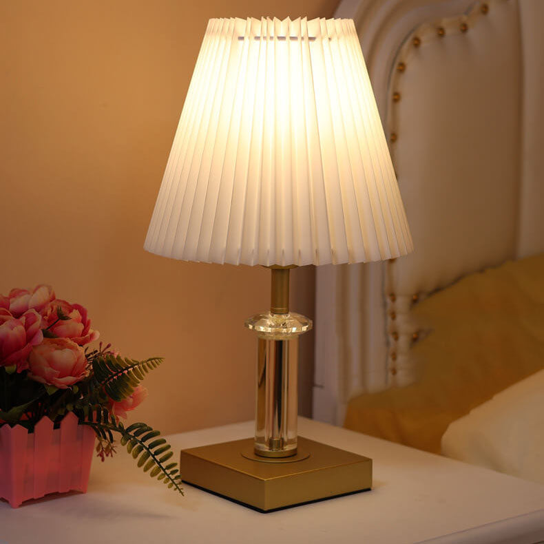 Modern Minimalist Cone Pleated Fabric Crystal Hardware 1-Light Table Lamp