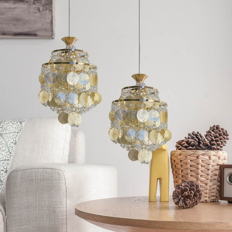 Traditional French Provincial Golden Shell Crystal Beads Round 1-Light Pendant Light for Living Room