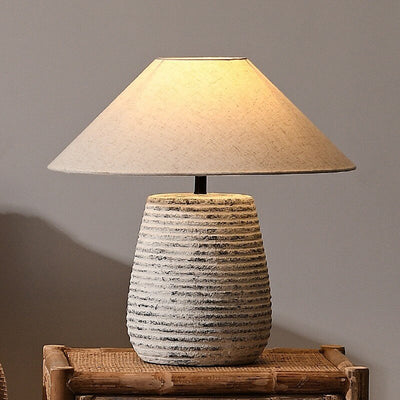 Minimalist Wabi-Sabi Cone Fabric Ceramic Column Jar 1-Light Table Lamp