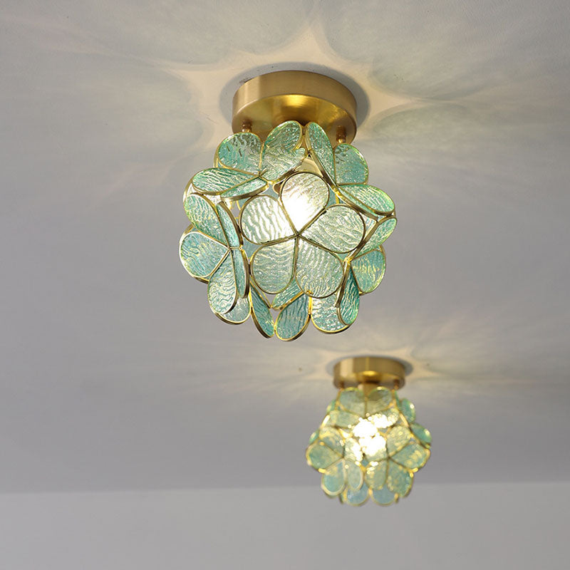 Modern Art Deco Brass Finish Frame Petal Glass Shade 1-Light Semi-Flush Mount Ceiling Light For Living Room