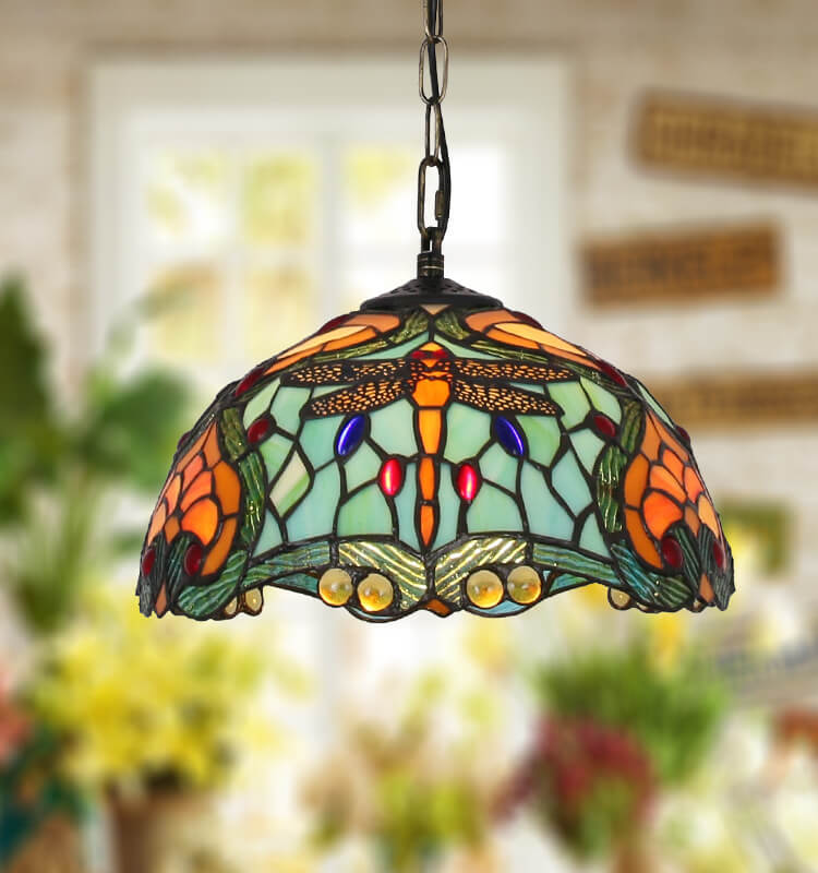 European Vintage Tiffany Stained Glass Metal 1-Light Pendant Light