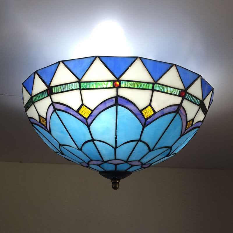 Traditional Vintage Mediterranean Stained Glass Dome 3-Light Flush Mount Ceiling Light For Living Room