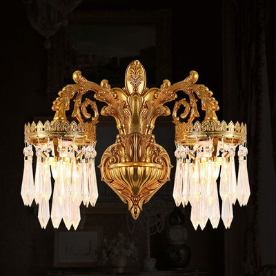 French Luxury Crystal Copper Carving 1/2 Light Wall Sconce Lamp