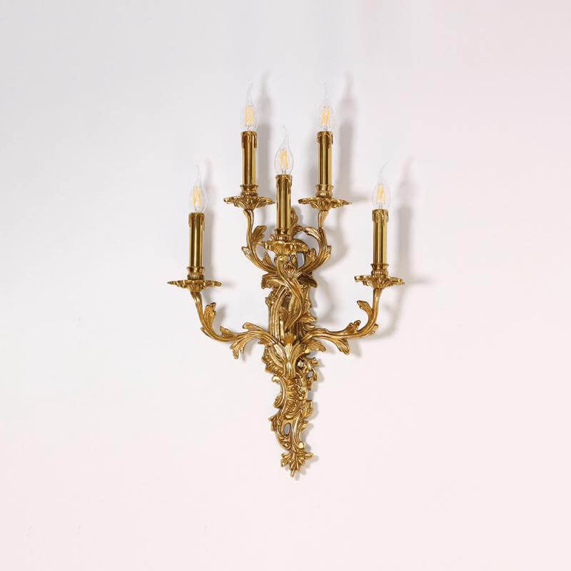 French Vintage Brass Candle Carved 5-Light Wall Sconce Lamp