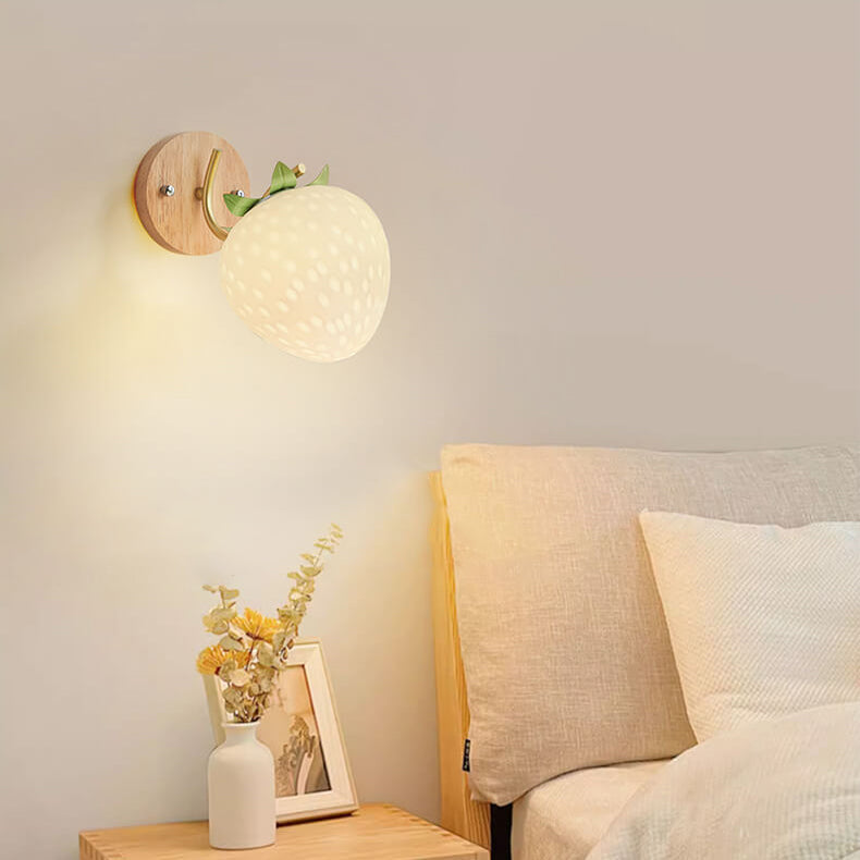 Contemporary Scandinavian Strawberry Pumpkin Rubberwood Glass 1-Light Wall Sconce Lamp For Bedroom