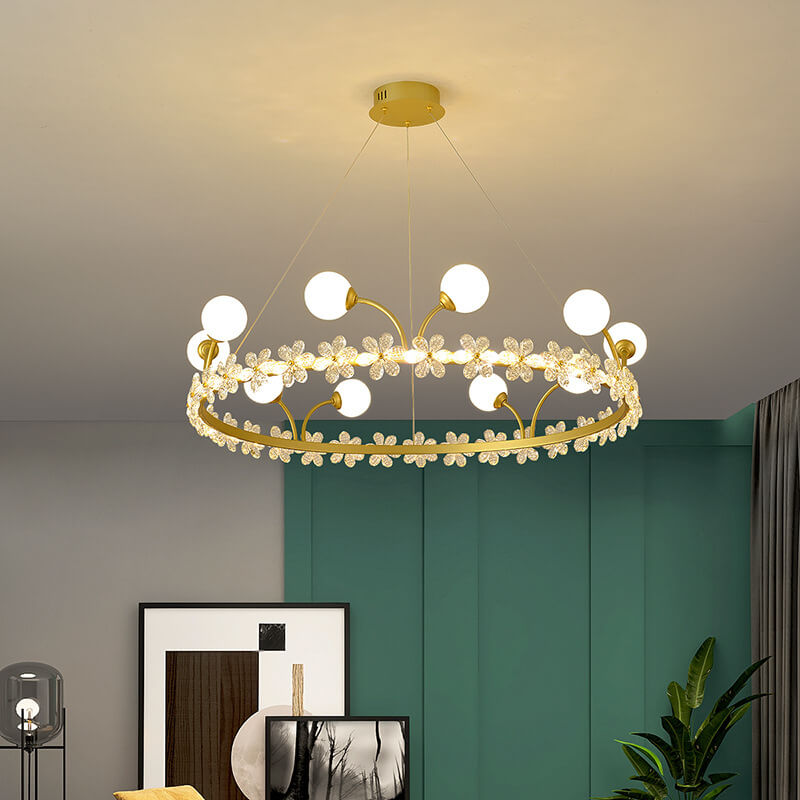 Modern Luxury Gold Finish Frame Crystal Flower Edging 6/8/10-Light Chandelier For Living Room