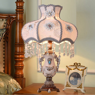 Traditional European Round Floral Beaded Resin Fabric 1-Light Table Lamp For Bedroom