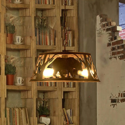 Traditional Vintage Round Trapezoidal Animal Iron 1-Light Pendant Light For Living Room