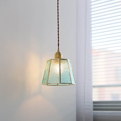 Modern Art Deco Water-grain Glass Polygonal Shade Brass 1-Light Pendant Light for Living Room