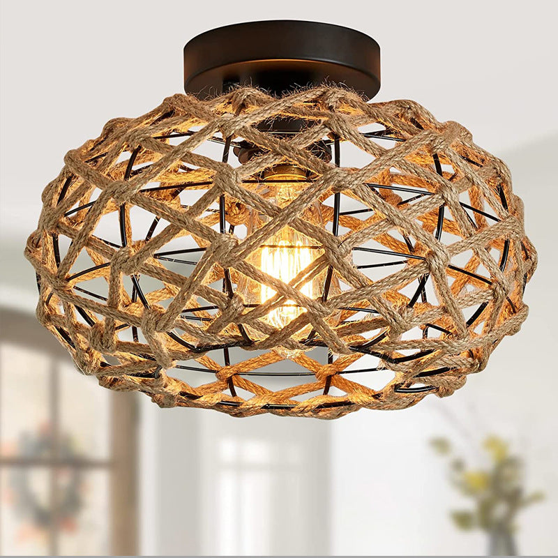 Traditional Rustic Hemp Rope Weaving Iron Cage 1-Light Semi-Flush Mount Ceiling Light For Bedroom