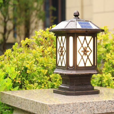 Solar European Hexagon Cage Column LED Outdoor Patio Post Head Landscape Light