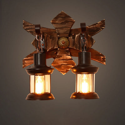 Traditional Farmhouse Wood Frame Iron 2-Light Wall Sconce Lamp For Dining Room