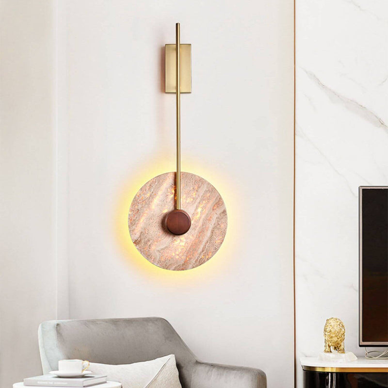 Scandinavian Modern Minimalist Round Iron Yellow Travertine LED Wall Sconce Lamp