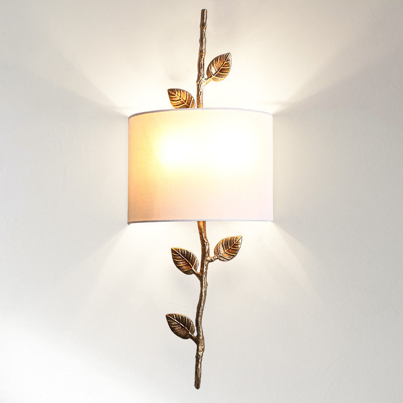 Nordic Light Luxury Brass Branch Leaf Fabric 2-Light Wall Sconce Lamp