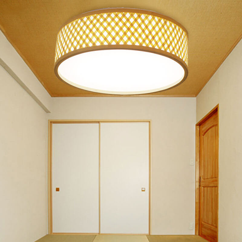 Modern Simple Round Bamboo Weaving 3-Light Flush Mount Ceiling Light