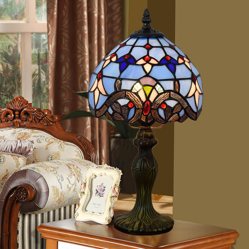 European Style Tiffany Blue Baroque Stained Glass Round 1-Light Table Lamp