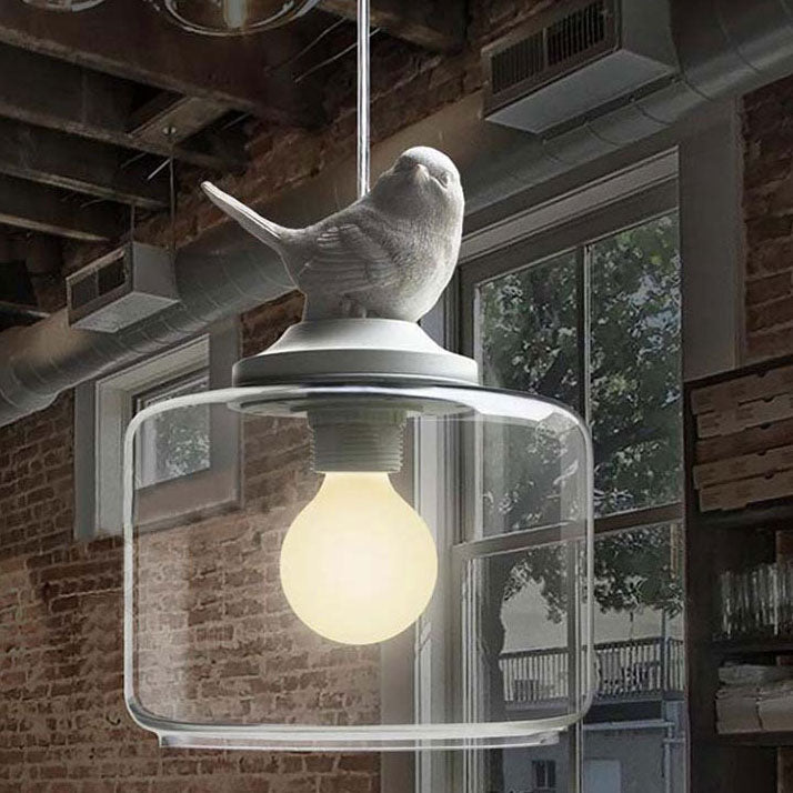 Contemporary Scandinavian Cylinder Bird Iron Glass 1-Light Pendant Light For Living Room