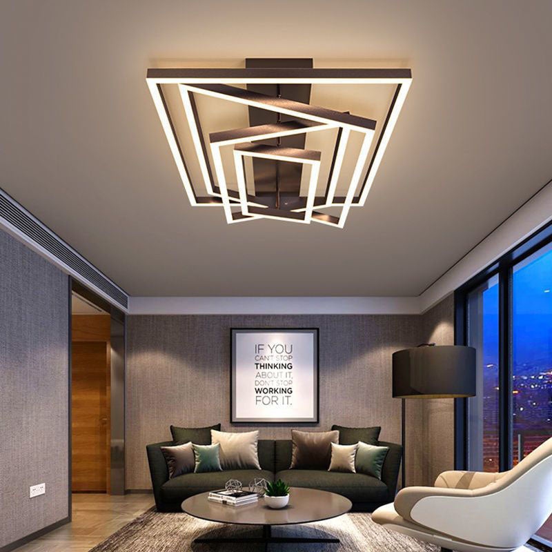 Plafonnier LED à montage encastré, finition aluminium minimaliste moderne, cadre rectangulaire multicouche, pour salon