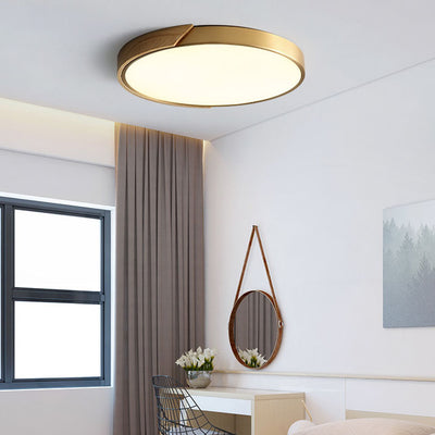 Modern Light Luxury Round All Copper Wood LED Flush Mount Lighting