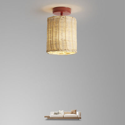 Contemporary Coastal Rattan Weaving Cylinder Shade 1-Light Semi-Flush Mount Ceiling Light For Hallway